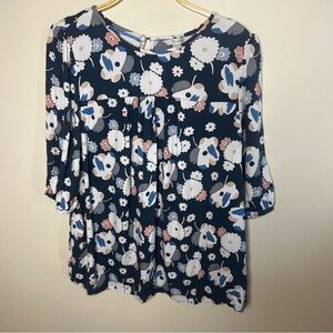 Boden Floral Blue Pink White‎ Babydoll 3/4 Blouse US Sz 8 Spring Retro Travel